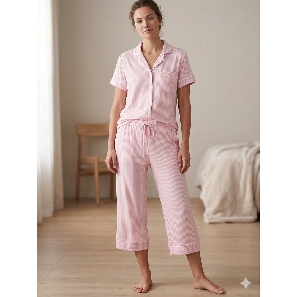 Auden Pink White Striped Pajama Set M Notch Collar Button Down Capri Sleep